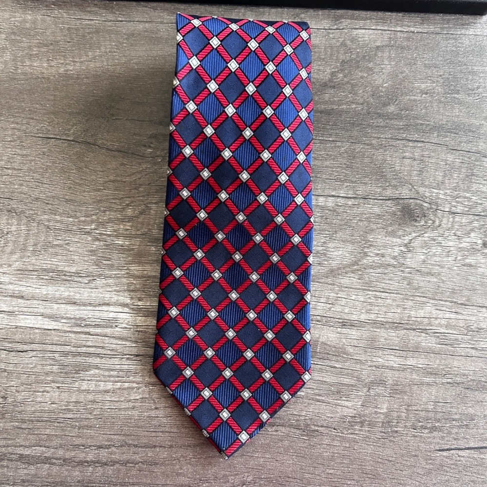 Vintage Bruno Piattelli Mens Silk Necktie Blue Red Geometric Check Tie Business